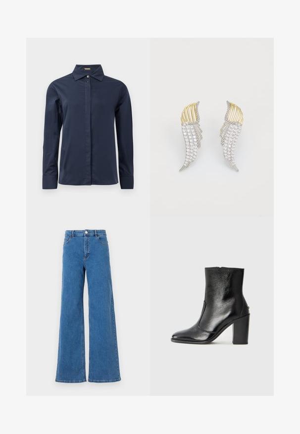 Cămașă cu mânecă lungă, albastră închis, cu nasturi, dintr-un material fin și ușor. Prezintă un guler clasic și un placket frontal discret.; Blugi cu croi larg, din denim albastru, cu talie înaltă, buzunare frontale și închidere cu nasture. Materialul are o textură netedă și un model de cusătură clasic.; Botină din piele neagră, cu o textură netedă, vârf ascuțit și toc gros, înalt. Dispune de o deschidere laterală și un design minimalist.; Două cercei în formă de aripi, fabricati din metal de culoare argintie cu strassuri rotunde, clare, și accente din metal de culoare aurie într-un design stratificat.
