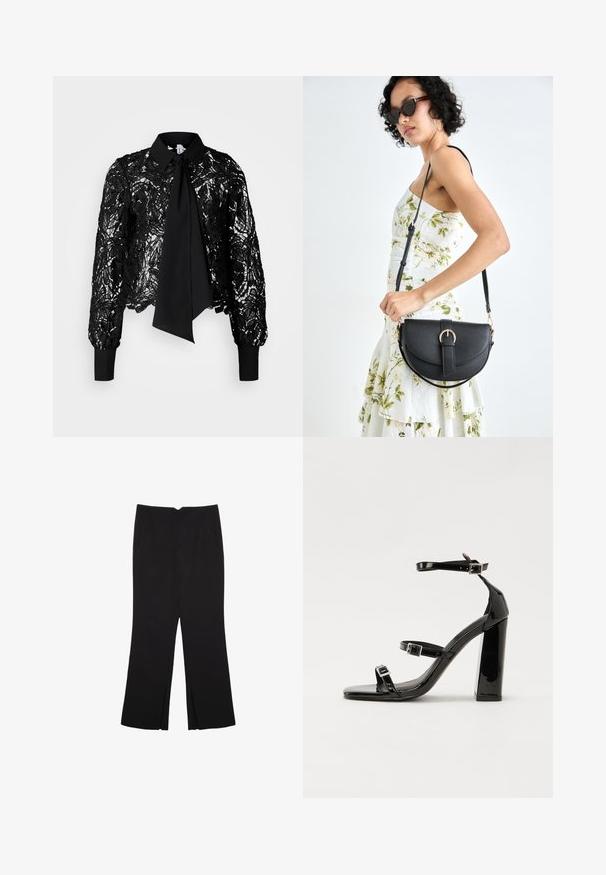 Vero Moda Tall VMEDA SHORT BOW SHIRT - Blus - black; Svarta byxor med rak passform, utrustade med framfickor och sidoklyvningar vid fållen. Tillverkade av mjukt, slätt tyg. Lämpliga för olika tillfällen.; Svarta lackerade klacksandaler med fyrkantig tå, ankelremmar och silverfärgade spännen. Har en kraftig blockklack för stabilitet.; Svart läderhandväska med en böjd form, avtagbar rem och guldiga detaljer. Väskan har ett lock med en spänndetalj.