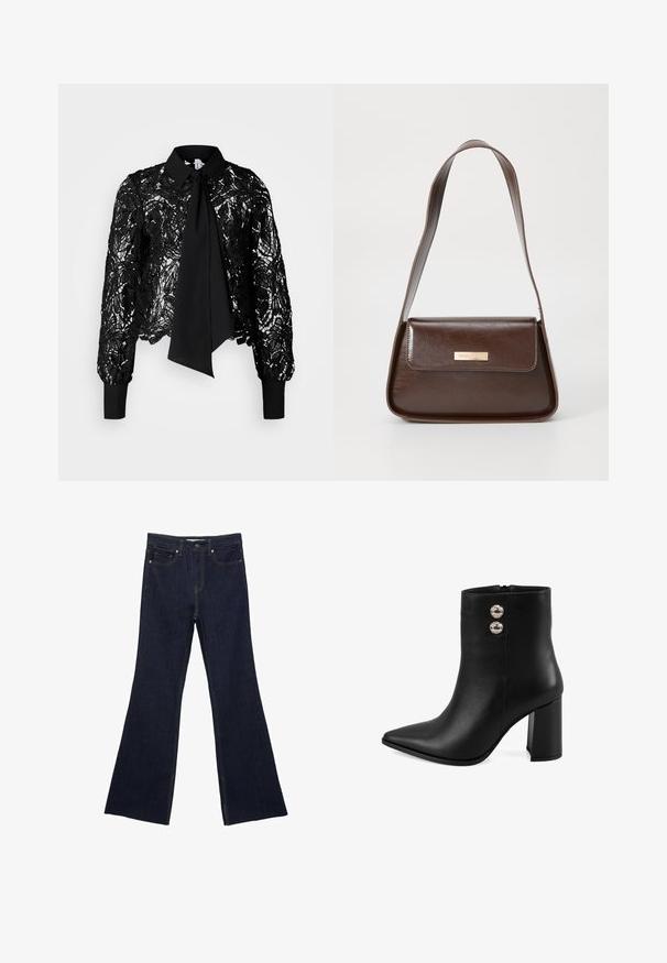 Vero Moda Tall VMEDA SHORT BOW SHIRT - Blouse - black; Dark blue denim flared jeans featuring a standard five-pocket design and visible stitching. Fabric has a smooth texture with minimal fading.; Black leather ankle boot with pointed toe, block heel, side zipper, and two decorative silver buttons on the outer side.; Brown leather shoulder bag with a structured shape, featuring a magnetic flap closure and a metallic logo accent on the front.
