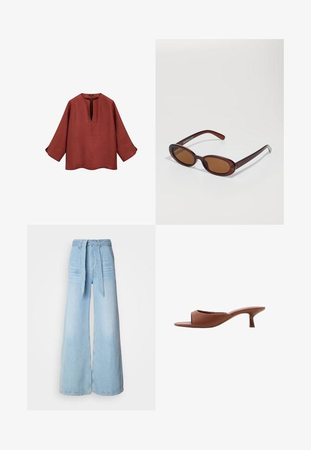 Rustfarvet linnedbluse med v-udskæring, trekvartærmer og rundet kant. Har en løs pasform og diskrete knapdetaljer ved ærmerne.; Lysblå vid-bens jeans med høj talje, der har et bindebælte, sidelommer og en let falmet denimtekstur.; Brune åbne tå hæle mules med en glat, mat finish, der har et buet design og en gennemsigtig, afsmalnende hæl.; Runde, bruntonede solbriller med en glansfuld bordeauxramme. Slanke arme med diskret brandingdetalje. Flad linsedesign.