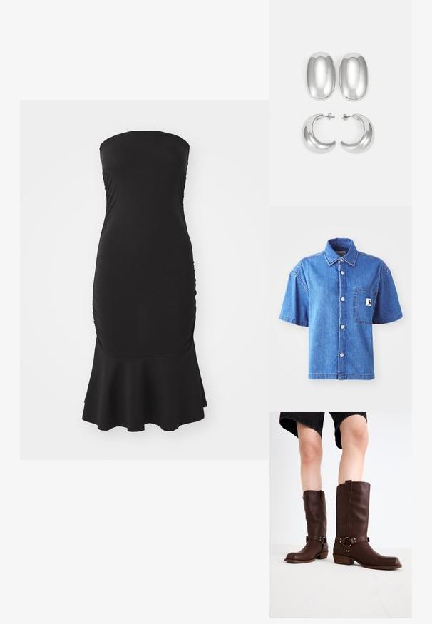 Camicetta di jeans a maniche corte in blu chiaro, con chiusura a bottoni, taschino sul petto e un vistoso patch con logo. Tessuto liscio e vestibilità casual.; Abito nero senza spalline realizzato in tessuto elasticizzato, con arricciature lungo i lati e un orlo svasato. Texture liscia con una silhouette aderente.; Stivali marroni in pelle al ginocchio con punta rotonda, superficie testurizzata, cinturino alla caviglia e dettagli in metallo argentato; tacco impilato.; Set di orecchini argento: due orecchini a bottone ovali e due orecchini a cerchio a forma di mezzaluna, caratterizzati da una finitura lucida e liscia e un design arrotondato.