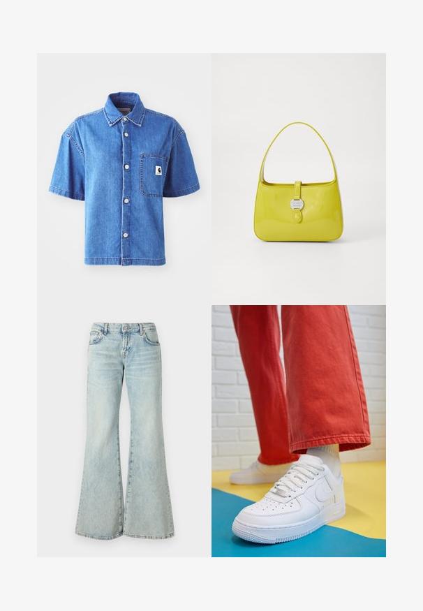 Short-sleeve denim shirt in light blue, featuring a button-up design, chest pocket, and prominent logo patch. Smooth texture and casual fit.; White short-sleeve t-shirt made of soft fabric. Features a round neckline and a simple, clean design with a straight hemline.; Light blue flared jeans made from denim, featuring a high waist, pockets, and frayed hems. The fabric displays a faded wash and subtle texture.; White leather sneaker with perforated toe box, textured sole, and white laces, paired with wide red pants and a blue and yellow background.; Yellow patent leather handbag with a structured shape, a top handle, and a front snap closure featuring a circular metal logo accent.