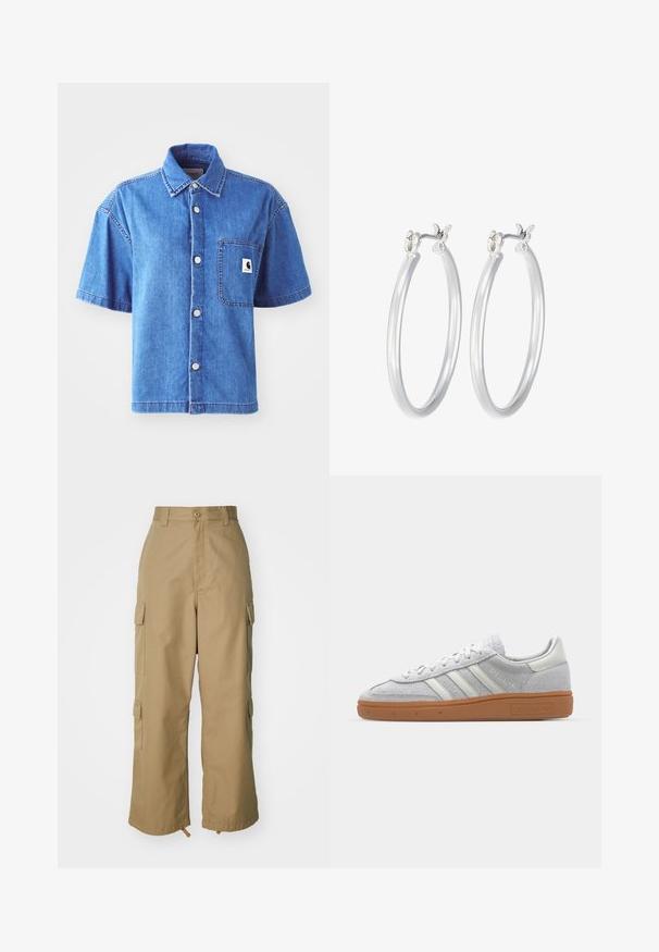 Kortärmad denimskjorta i ljusblått med knäppning fram, bröstficka och framträdande logotyp. Slät textur och avslappnad passform.; Vit ribbad långärmad topp med rund halsringning. Tillverkad av ett elastiskt material som följer kroppens konturer. Har diskreta horisontella linjer.; Beige cargobyxor med hög midja, vida ben och fyra stora sidfickor. Tillverkade av ett hållbart tyg med en slät yta och minimalistisk design.; Ljusgrå mockasnörsko med vita läderdetaljer, tre vita ränder och en brun gummisula, med en vadderad krage för extra komfort.; Silverfärgade hoopörhängen med en slät, polerad yta. Rund form och säker klickstängning. Lättviktig design som passar för vardagligt bruk.