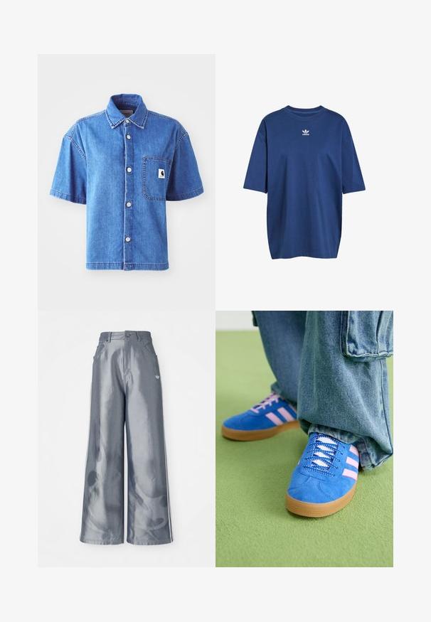 Košulja s kratkim rukavima od svijetloplavog denima, koja ima dizajn na kopčanje, džep na prsima i istaknuti logotip. Glatka tekstura i ležeran kroj.; Plava pamučna majica kratkih rukava, okrugli izrez i bijeli Adidas logotip na prsima. Jednostavan, ležeran kroj.; Hlače širokih nogavica od sjajnog sivog materijala, s bijelim bočnim prugama i uzorkom plamena na donjem dijelu nogavica. Zatvaranje na gumb i patentni zatvarač u struku.; Plave zamšne cipele s ružičastim prugama i bijelim vezicama, s gumenim potplatom, u kombinaciji s širokim trapericama na zelenoj podlozi.
