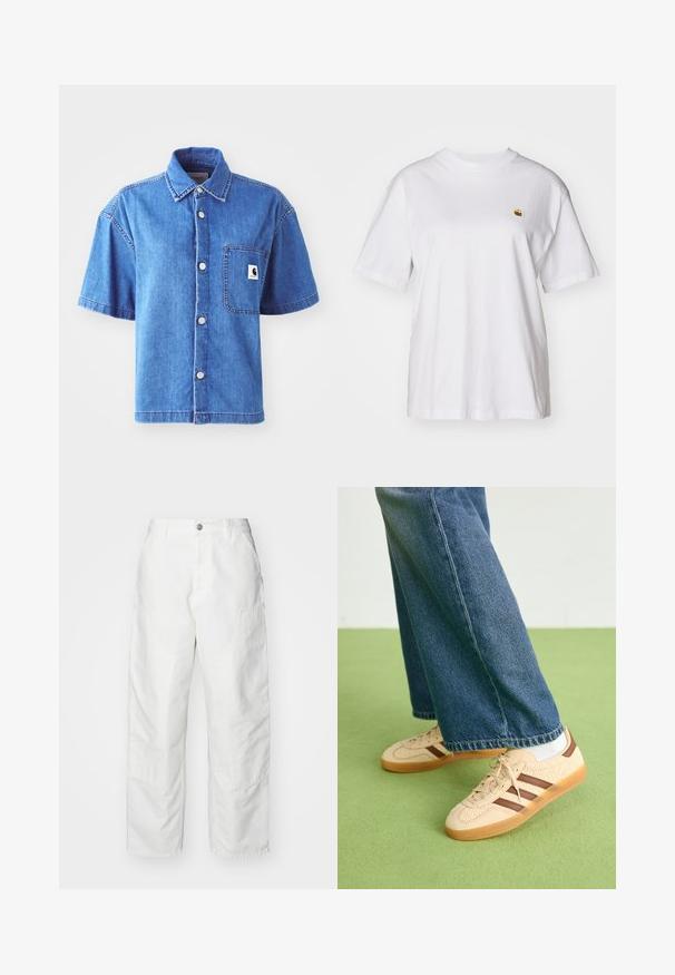 Kortermet denimskjorte i lyseblå, med knappedesign, brystlomme og fremtredende logo-patch. Glatt tekstur og avslappet passform.; Hvit bomulls t-skjorte med avslappet passform, korte ermer og en liten brodert logo på venstre brystområde.; Hvite cargo-bukser laget av denim, med en avslappet passform, sidelommer og synlige sømmer. Enkelt front med knapplukking.; Beige joggesko med teksturerte kremfargede paneler og brune striper, parret med blå denimjeans. Jeansene har vid ben og frynsete kant.
