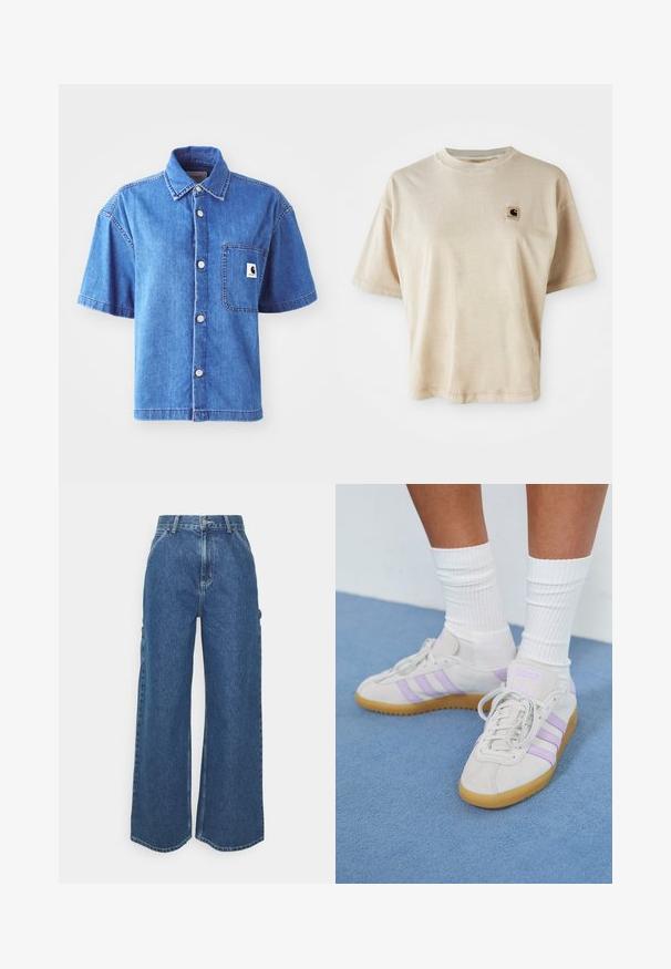 Camicetta di jeans a maniche corte in blu chiaro, con chiusura a bottoni, taschino sul petto e un vistoso patch con logo. Tessuto liscio e vestibilità casual.; T-shirt in cotone beige con vestibilità comoda, scollo rotondo, maniche corte e un piccolo logo quadrato sulla parte sinistra del petto.; Pantaloni in denim blu a gamba larga con vita alta, cuciture a contrasto e tasche laterali, caratterizzati da un classico design a cinque tasche e orli grezzi.; Sneaker in suede grigio chiaro con tre strisce lilla, suola in gomma naturale, lacci piatti e calzini bianchi a costine. Ambientate su uno sfondo blu.