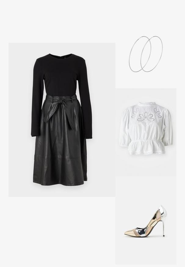 Biela blúzka s vypchatými rukávmi, vyšívanými výrezmi na telesnej časti, peplum pásom a čipkovaným lemom na výstrihu a na spodnom okraji.; Čierny top s dlhými rukávmi skombinovaný s čiernou sukňou z umelej kože, ktorá má opasok na zaväzovanie a hladkú, lesklú textúru.; Lodičky s špičatou špičkou v striebornom, zlatom a telovom farebnom prevedení. Lesklý povrch s výrezovým dizajnom, s ihlovým opätkom.; Strieborná metalická taška s mäkkým, zaobleným tvarom a uzáverom s uzlíkom. Vyrobená z hladkej syntetickej kože.; Strieborné kruhové náušnice s minimalistickým dizajnom. Cirkulárny tvar, hladký povrch a tenký profil. Ľahké s lesklým povrchom.