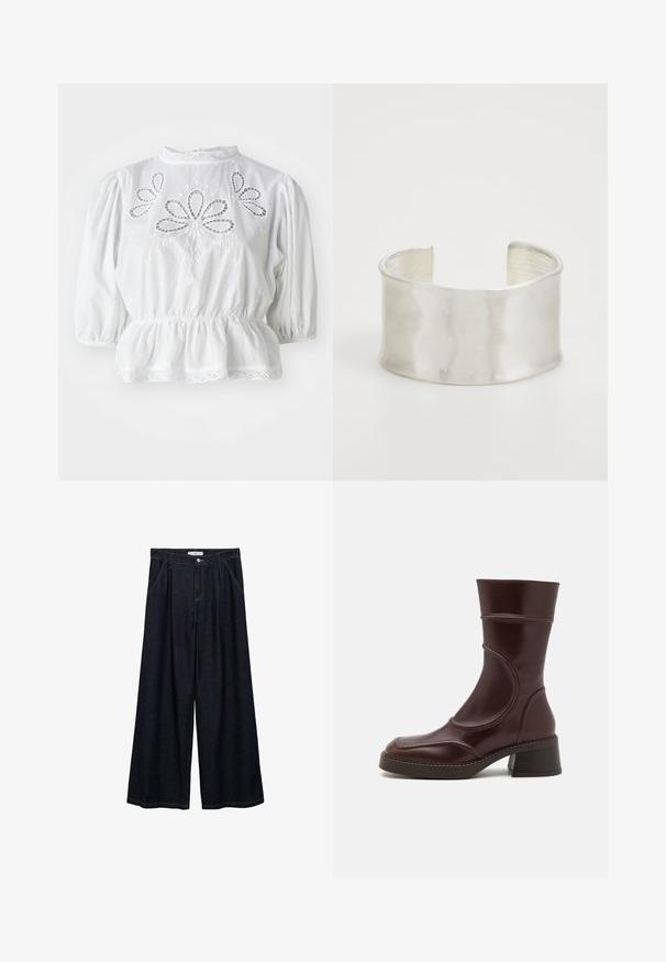 Bijela bluzica s napučenim rukavima, izvezenim izrezima na tijelu, peplum strukom i čipkastim obrubom na izrezu i rubu.; Svijetlobejž kašmirna majica kratkih rukava s pričvršćenim detaljem šal koji pada oko izreza.; Tamno plave široke traperice visokog struka, koje imaju prednje kopčanje na dugme, dva bočna džepa i detalje šivanja.; MIISTA MALENE - Klasične gležnjače - brown; Zign Narukvica - silver-coloured