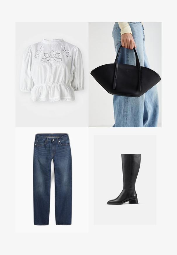 Valge pluus puffed varrukatega, tikandiga lõikeavad rinnaosas, peplum vöökoht ja pitsääris kaeluses ja hemil.; Tumedat sinist värvi teksapüksid sirge säärega. Omavad nööpkinnitust, viit taskut ja kangas on kergelt pleekinud.; Põlve kõrgune must nahast saabas, millel on ümar varvas ja madal, blokk-kannus. Omab siledat tekstuuri ja minimaalset õmbluse detaili.; Must mustra kott, millel on unikaalne fännikujuline disain, millel on lapikud käepidemed. Pinna tekstuur on kivikujuline ja disain on minimalistlik.