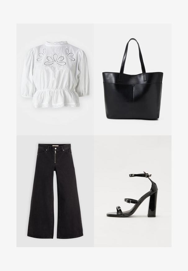 Balta bluzelė su pūstomis rankovėmis, siuvinėjimo iškarpomis ant korsetės, peplumo juosmeniu ir nėriniu apipavidalintu iškirpimu bei apatine dalimi.; Plačios kojų džinsai iš juodo džinsinio audinio su užtrauktuku priekyje, penkių kišenių dizainu ir subtiliais siuvinėjimo akcentais. Lygus paviršius ir laisvalaikio stilius.; Juoda blizgi lakuota basutė su kvadratiniu pirštu, kulkšnies dirželiais ir sidabro sagtimis. Yra tvirta blokinė kulno konstrukcija, užtikrinanti stabilumą.; Juoda odinė rankinė su dviem ilgais diržais, lygiu paviršiumi ir struktūrizuota forma. Yra priekinė kišenė papildomam saugojimui.