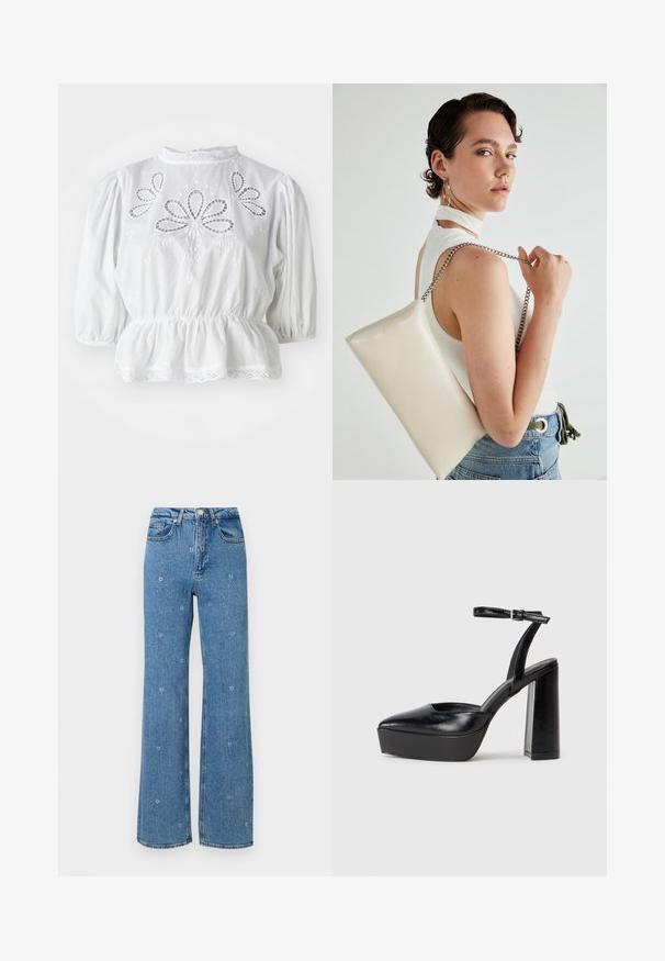 Balta blūze ar pūkainām piedurknēm, izšūtu izgriezumu uz ķermeņa, pepluma jostasvietu un mežģīņu apdari kakla un apakšmalā.; Zilas augstās vidukļa taisnās kājas džinsus ar maziem baltiem ziedu izšuvumiem, kas izkaisīti pa audumu.; Melnas platformas papēžs ar norādītu purngala formu un regulējamu potītes siksniņu. Izgatavotas no gludas ādas, ar masīvu bloku papēdi.; Balts taisnstūra clutch soma, izgatavota no spīdīga materiāla, ar sudraba ķēdes siksnu. Modelis pozē, demonstrējot somu uz vienkārša fona.