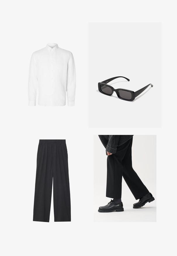 Fehér, hosszú ujjú, vászonból készült ing, gombos gallérral, elöl gombokkal és laza szabású, egyenes mandzsettákkal.; Sötétszürke anyagból készült, bő szárú nadrág. Ráncokkal a deréknál, elegáns fazonnal és egyenes sziluettel rendelkezik.; Fekete bőr cipők kerek orral, fűzős kialakítással és vastag, texturált talppal. Öltönyös fekete nadrággal és bordázott pulóverrel viselve.; Fekete, téglalap alakú napszemüveg sötét lencsékkel, fényes felülettel, széles szárakkal és masszív keret designnal. Az egyik szárra gravírozott márkanevével.