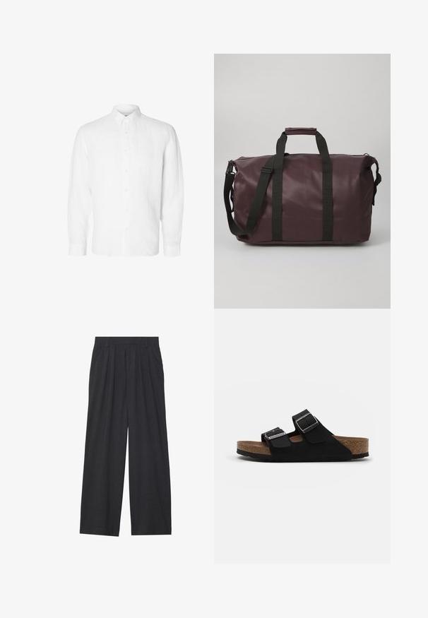 Fehér, hosszú ujjú, vászonból készült ing, gombos gallérral, elöl gombokkal és laza szabású, egyenes mandzsettákkal.; Sötétszürke anyagból készült, bő szárú nadrág. Ráncokkal a deréknál, elegáns fazonnal és egyenes sziluettel rendelkezik.; Fekete velúr szandálok két állítható pánttal, ezüst csatokkal és parafa talppal. A talp textúrázott, ami biztosítja a tapadást.; Bordó sporttáska sima, vízálló anyagból, fekete pántokkal, cipzáras záródással és téglalap alakú kivitelben.