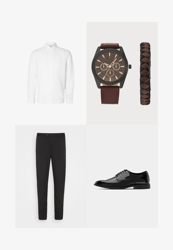 Fehér, hosszú ujjú, vászonból készült ing, gombos gallérral, elöl gombokkal és laza szabású, egyenes mandzsettákkal.; Fekete, testreszabott nadrág egyenes szabással, elülső zsebekkel és gombos zárással. Simasága miatt enyhén fényes anyagból készült.; Fekete lakkbőr félcipő lekerekített orral, fűzős kialakítással és sima, fényes felülettel. Alacsony profilmagasságú gumitalppal rendelkezik.; Pier One SET - Karóra - black/brown