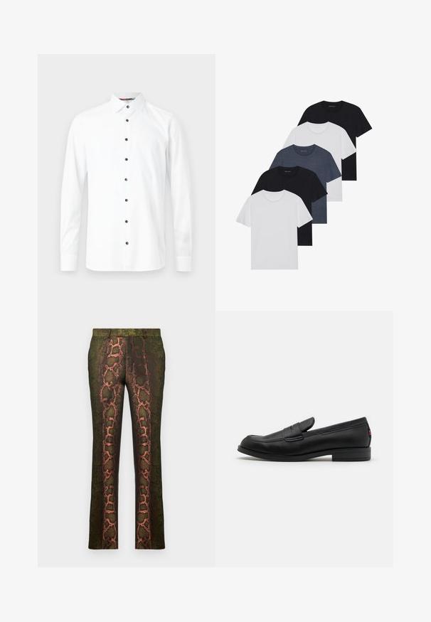 White long-sleeve shirt with a button-down collar, featuring black buttons and a smooth texture. No patterns or graphics visible.; Set of five t-shirts in black, white, and navy blue. Cotton fabric, short sleeves, crew neck design, and plain texture with no patterns.; Green patterned trousers featuring a snake print design with shades of brown and orange, straight cut, and a smooth texture.; Black leather loafers with a smooth finish, rounded toe, and a small decorative flap. Features a low stacked heel and subtle branding detail.