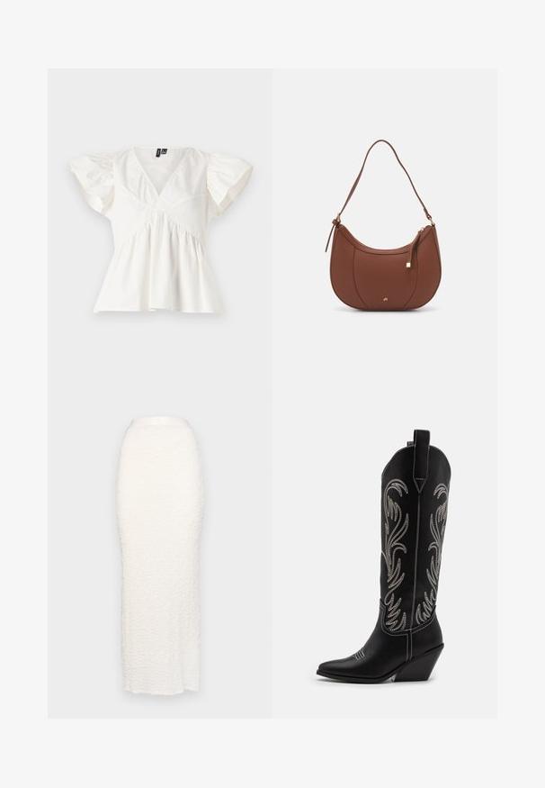 Blusa bianca in cotone con scollo a V, maniche corte a palloncino e tessuto arricciato in vita per una vestibilità rilassata. Design pulito, senza fantasie.; Gina Tricot STRUCTURE MAXI SKIRT - Gonna lunga - white; Stivali da cowboy in pelle nera con punte affusolate, tacchi a zoccolo e motivi floreali ricamati in argento lungo il gambale. Cuciture a contrasto in tutto lo stivale.; Borsa a spalla in finta pelle marrone con forma curvata, cuciture minime e un accento in metallo dorato. Presenta una chiusura con zip superiore e una tracolla regolabile.