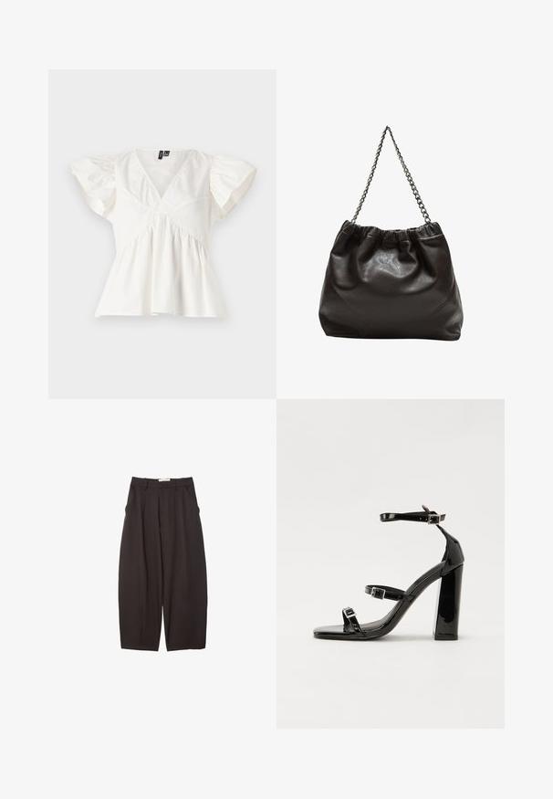 Blusa bianca in cotone con scollo a V, maniche corte a palloncino e tessuto arricciato in vita per una vestibilità rilassata. Design pulito, senza fantasie.; Pantaloni neri a gamba larga realizzati in un tessuto morbido, con vita alta, pieghe frontali e tasche laterali. Design semplice senza decorazioni.; Sandali con tacco in vernice nera, con punta squadrata, cinturini alla caviglia e fibbie in argento. Presentano un tacco a blocco spesso per maggiore stabilità.; Borsa in pelle marrone con parte superiore arricciata e tracolla a catena. Texture liscia con finitura lucida e dettagli di cucitura sottili sui lati.