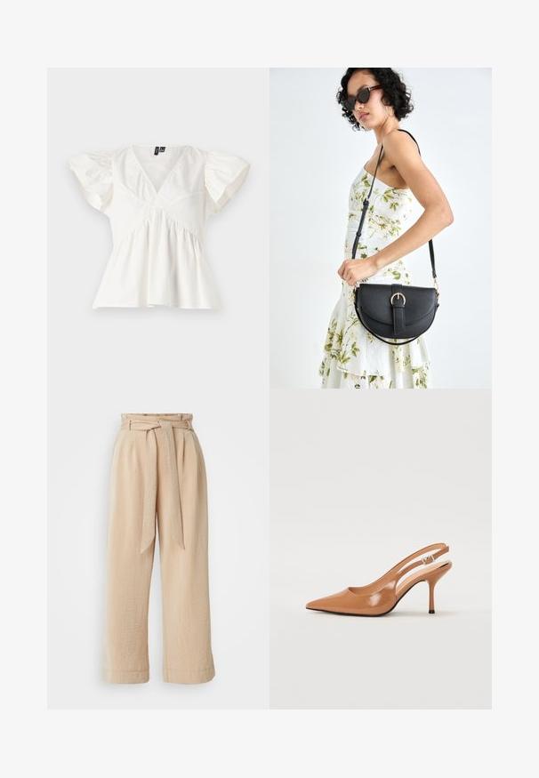 Fehér pamut blúz V-nyakkal, rövid puffos ujjakkal és gyűrt anyaggal a deréknál a laza illeszkedés érdekében. Tiszta dizájn, minta nélkül.; Beige, bőszárú nadrág övvel, textúrált anyagból készült. Elöl redő található, az alsó szél sima kivitelű.; Fingerszűk, hegyes orrú, háttámlás sarokcipő sima, fényes barnás anyagból. Íves kivágású dizájn és karcsú stiletto sarkú. Ezüst csattal ellátva.; Fekete bőrtáska ívelt formával, levehető pánttal és arany színű fémrészekkel. A táskán egy csattal díszített fedél található.