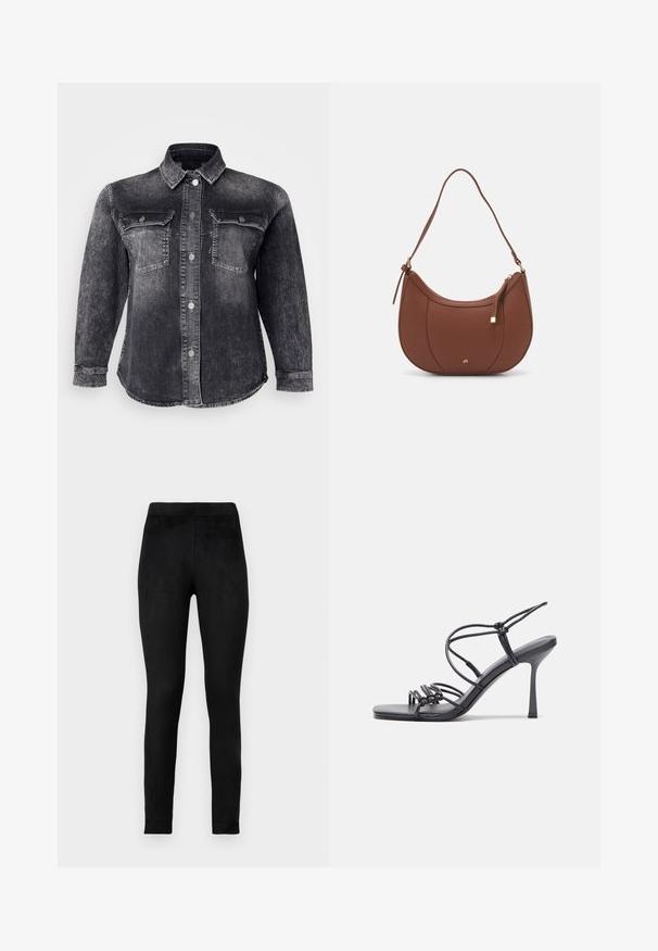 Black denim jacket featuring a button-up front, two chest pockets, and a classic collar. The fabric has a faded, textured finish.; Black leggings made of soft, stretchy fabric, featuring a high waistband and a slim fit. Smooth texture with no visible patterns or embellishments.; Black high-heeled sandals feature thin straps with a knotted design, a smooth square toe, and a sleek stiletto heel.; Brown faux leather shoulder bag with curved shape, minimal stitching, and a gold-tone hardware accent. Features a top zipper closure and adjustable strap.; Silver hoop earrings with a smooth, shiny finish. Rounded shape, lightweight design, featuring a post-back closure.