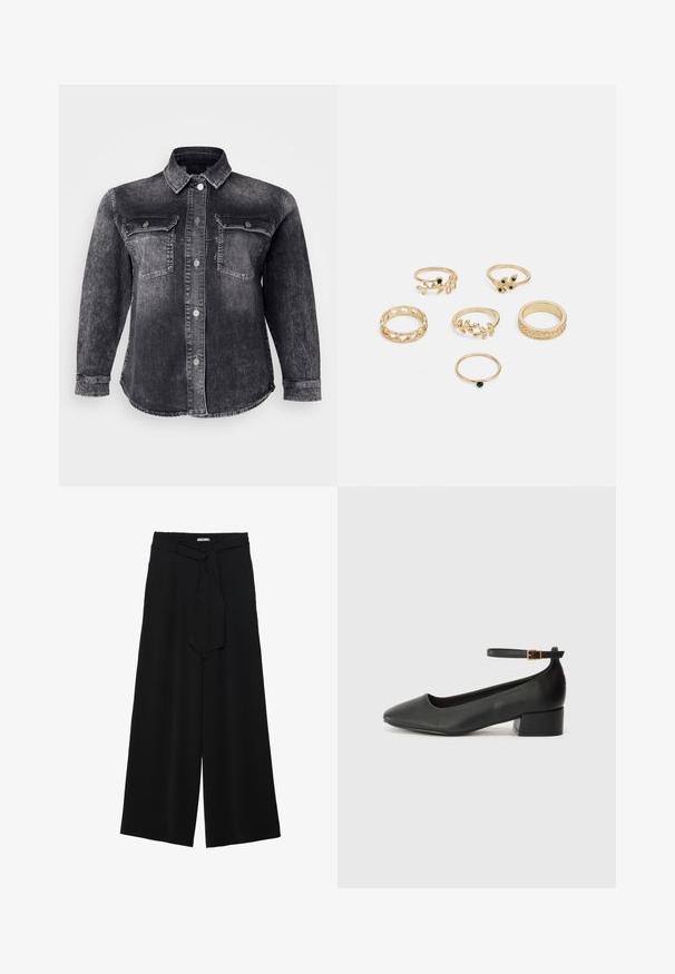 Black denim jacket featuring a button-up front, two chest pockets, and a classic collar. The fabric has a faded, textured finish.; Black wide-leg pants featuring a textured fabric, an elastic waistband, and a detachable sash tie at the waist for adjustable fit.; Black leather pump with a pointed toe and a low block heel. Features an ankle strap with a gold-tone buckle. Smooth texture.; Set of six gold rings featuring various designs: braided, leaf motifs, and solid bands; some with green gemstone accents.