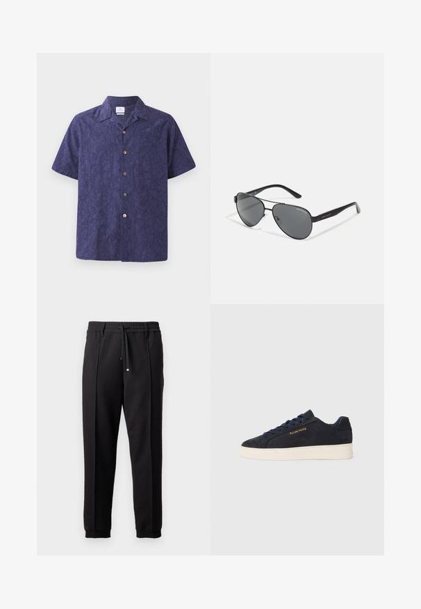 Korte ermer, knappet skjorte i mørk marineblå med et subtilt blomstermønster, med klassisk krage og brune knapper. Materiale av bomullsblanding.; Sorte bukser med liv, snor og elastiske mansjetter. Har plisséer og et glatt, teksturert stoff.; Marineblå ankelhøyde sneakers i semsket skinn med hvit såle, marineblå snøringer, og "Filling Pieces"-logo i gull på siden.; Svarte pilotbriller med mørke linser, tynn metallramme og slanke plastarmer med logo aksenter.