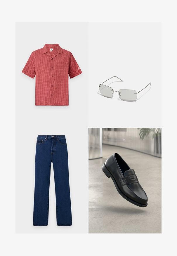 Rdeča karirana kratkoročna srajca s kamper ovratnikom, sprednjim žepom in gumbnim zapiranjem. Tkanina se zdi lahka in strukturna.; Beli bombažasti topi brez rokavov, okrogli ovratnik, enostavna tekstura, izdelani iz mehkega, lahkotnega blaga. Prikazani sta dve kosi.; Temno modri denim kavbojki s ravnim rezom, ki vključujejo oranžno šivanje, gumbasto zapiranje in dva sprednja žepa z kontrastnimi nitmi.; Črni usnjeni loafer z gladko teksturo, zašiljenim prstom in okrasnim trakom čez nart. Lahka podplat, minimalističen dizajn.; Sive pravokotne sončna očala z tankimi srebrnimi kovinskimi okvirji, s pravimi templji in minimalističnim dizajnom, brez vidnih vzorcev ali logotipov.