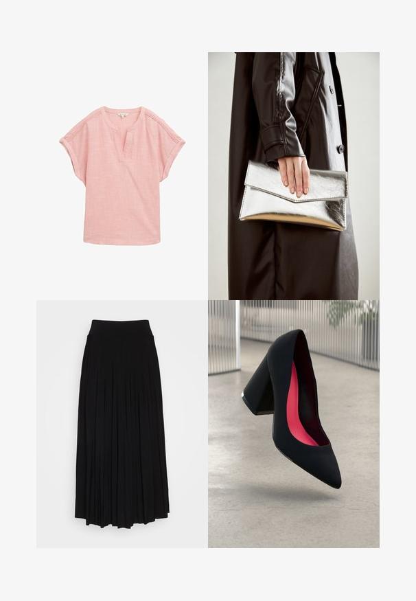 Vaaleanpunainen lyhythihainen paita rennolla leikkuulla, jossa on vekillä varustettu kaulus ja teksturoitu kangas hienovaraisella ruutukuvioinnilla.; Musta plyytilaakkohame, jossa on korkea, joustava vyötärö. Valmistettu pehmeästä kankaasta, jossa on pystysuoria plyysit, jotka luovat virtaavan siluetin.; Musta korkokenkä, jossa on terävä kärki, teksturoitu pinta ja kirkkaan vaaleanpunainen sisus. Varustettu tukevalla kannalla, jossa on hopeinen yksityiskohta.; Hopeinen metallinen clutch-angular kirjekuorimuotoilu, sileä pinta ja kontrastivärinen sisustus, pidetään kädessä, jossa on musta takki.