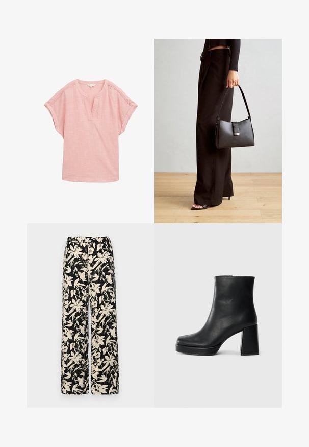 Roze blouse met korte mouwen en een relaxte pasvorm, met een notch-halslijn en een gestructureerde stof met een subtiel ruitpatroon.; Zwarte wijde broek met een crèmekleurig bloemenpatroon. Gemaakt van lichtgewicht stof, met een zachte textuur en een hoge tailleband.; Zwarte leren enkelboot met een blokhak en platformzool, zijaanzicht op een effen witte achtergrond.; Zwarte handtas met gestructureerde vorm, gladde textuur en een metalen sluiting. Gecombineerd met brede zwarte broeken en sandalen met open teen op een houten vloer.