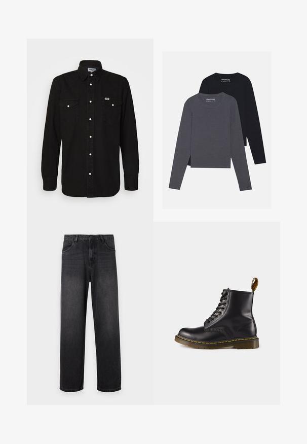 Camisa negra de botones con cuello puntiagudo, dos bolsillos en el pecho, botones a presión blancos y tela texturizada. Logo de Wrangler en el lado izquierdo del pecho.; YOURTURN 2 PACK UNISEX - Camiseta de manga larga - dark grey/black; Jeans de denim gris oscuro con un diseño de pierna recta, que cuentan con un cierre de cremallera, cinco bolsillos y sutiles detalles de desvanecimiento en la tela.; Botín de cuero negro hasta el tobillo con costuras amarillas, cordones en la parte delantera, puntera redonda y suela de goma texturizada. Cuenta con una lengüeta en la parte trasera.