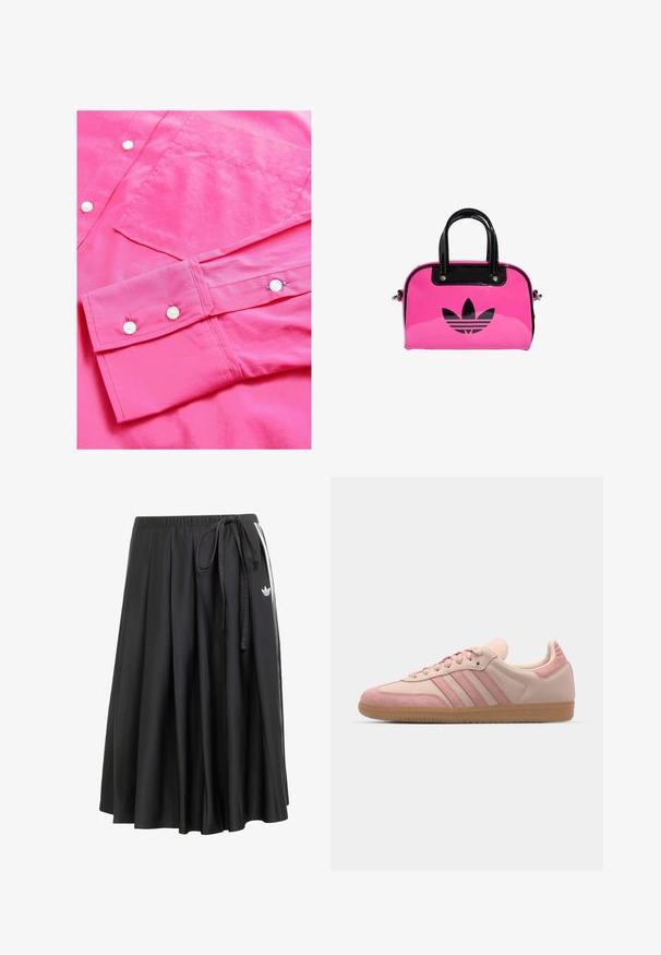 Maglietta a maniche lunghe di un vivace colore rosa brillante con una superficie liscia, dotata di chiusure con bottoni e di una tasca sul petto. Presenta polsini arrotolati con dettagli a bottone.; Gonna nera midi con cintura elastica, lacci laterali, strisce bianche e logo trefoil Adidas sul lato destro.; adidas Originals SAMBA OG - Sneakers basse - quartz/mauve; Borsa a mano in vernice rosa con logo e manici neri, caratterizzata da una forma arrotondata e chiusura con zip. La texture lucida aumenta la visibilità.