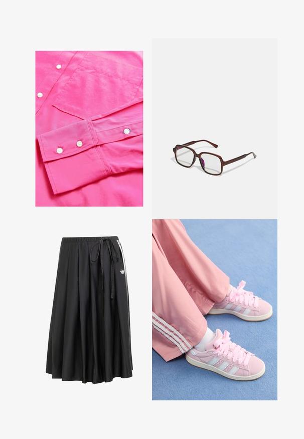 Chemise à manches longues rose vif avec une texture lisse, comportant des fermetures à boutons et une poche poitrine. Inclut des poignets roulés avec des détails de bouton.; Jupe midi noire avec taille élastique, nouage sur le côté, rayures blanches et logo trefoil d'Adidas sur le côté droit.; Baskets de sport roses avec des rayures bleu clair, bout rond et lacets épais roses, associées à un pantalon de survêtement rose avec des rayures blanches sur les côtés.; Lunettes rectangulaires marron avec des verres transparents et des nuances violacées. Monture en plastique lisse avec des branches droites et des accents subtils.