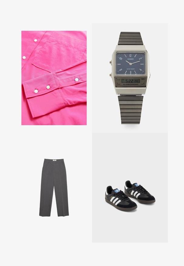 Maglietta a maniche lunghe di un vivace colore rosa brillante con una superficie liscia, dotata di chiusure con bottoni e di una tasca sul petto. Presenta polsini arrotolati con dettagli a bottone.; Pantaloni dritti grigi realizzati in tessuto testurizzato, con vita alta media, passanti per cintura e tasche laterali. Nessun motivo o accentuazione visibile.; Sneakers neri con tomaia in suede e materiale sintetico, caratterizzati da tre strisce bianche, suola in gomma testurizzata e etichetta blu sul linguetta.; Orologio digitale Casio con quadrante blu, cassa argentata e cinturino in gomma nera a strati. Mostra l'ora e le impostazioni dell'allarme. Resistente all'acqua.