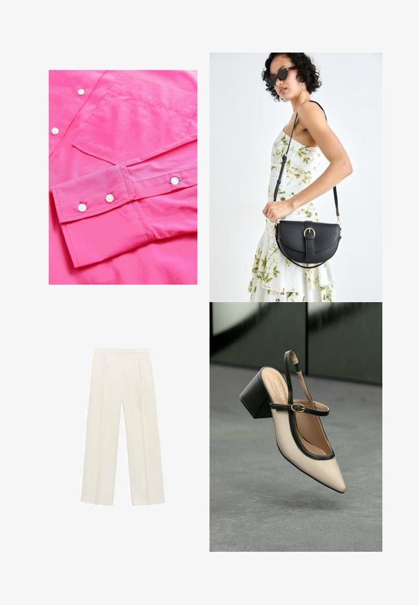 Vaaleanpunainen pitkähihaisen paita, jossa on sileä pinta, napitukseen ja rintataskuun. Sisältää käänteiset hihansuut, joissa on nappiyksityiskohtia.; Valkoiset leveälahkeiset housut vaaleassa kermassa. Valmistettu sileästä kankaasta, jossa on laskokset edessä ja sivutaskut.; Beige slingback-kengät, joissa on musta reuna, kultahakas, ja paksu lohkoheel, harmaalla lattialla tummanvihreää taustaa vasten.; Musta nahkainen käsilaukku, joka on kaareva muotoilultaan, irrotettavalla hihnalla ja kultaisilla yksityiskohdilla. Laukussa on läppä, jossa on solk yksityiskohta.