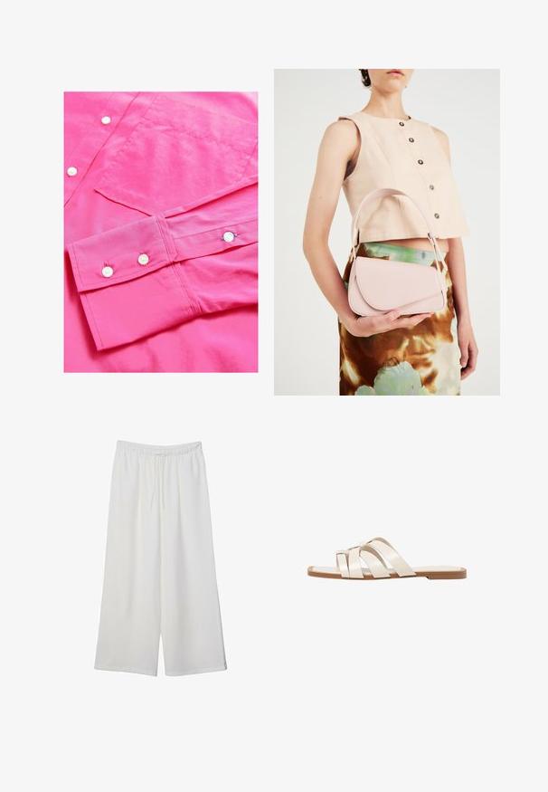 Jasnoróżowa, długozasłonięta koszula z gładką fakturą, z guzikami oraz kieszenią na piersi. Zawiera podwinięte mankiety z detalami guzików.; Białe szerokie spodnie wykonane z lekkiego materiału, z elastyczną talią i sznurkiem do regulacji fasonu. Gładka tekstura.; Płaskie sandały z brązową gumową podeszwą, zaprojektowane z trzema nakładającymi się na siebie białymi skórzanymi paskami i małym detalem w postaci kokardy na środku.; Różowa skórzana torebka z zakrzywioną klapą, pojedynczym paskiem na ramię i prostymi liniami. Torebka charakteryzuje się gładką teksturą i minimalistycznym designem.