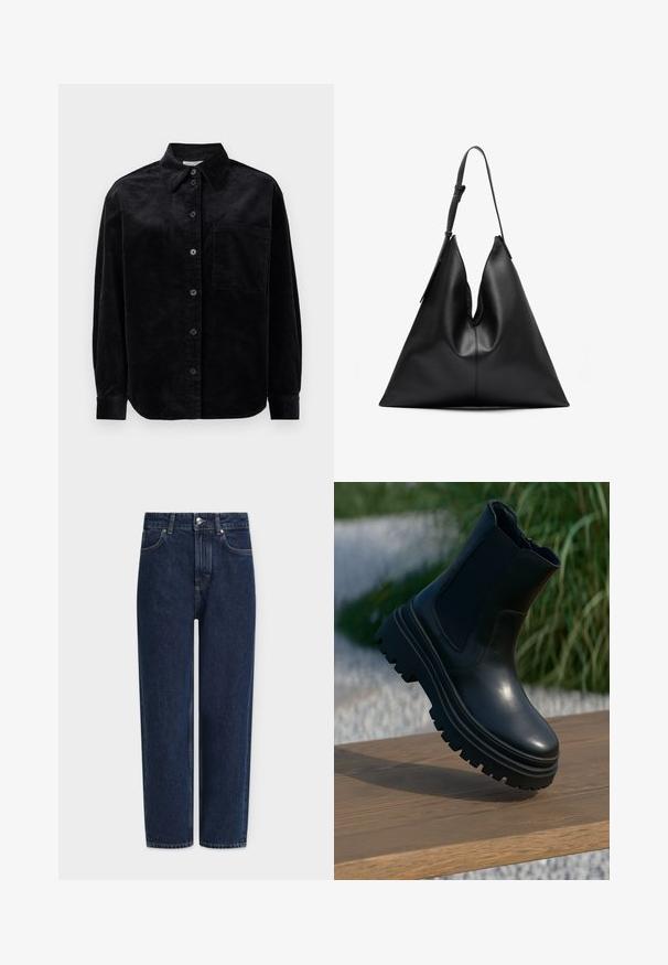 Sort kordfløjls langærmet skjorte med knapper foran, enkelt brystlomme og spidse krave på hvid baggrund.; To sæt langærmede turtleneck toppe, en hvid og en sort, lavet af et glat, strækbart stof, begge med slim-fit design og høje kraver.; Mørkeblå denimjeans med lige ben, høj talje, sølvfarvede detaljer, forlommer og subtile syningsdetaljer. Klassisk design med fem lommer.; Sort læder ankelstøvle med en kraftig sål, elastiske sidepaneler og en glat overflade. Elevaret design med kontrasterende såldetalje.; Sort læder trekantet håndtaske med en enkelt justerbar skulderrem og en blød, let slappet struktur.