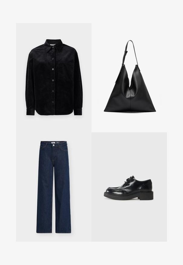 Sort kordfløjls langærmet skjorte med knapper foran, enkelt brystlomme og spidse krave på hvid baggrund.; Mørkeblå lige ben-jeans med høj talje, lavet af denim. Har forlommer, bæltestropper og knaplukning. Klassisk design.; Sorte læder oxford sko med rund tå, snørebåndsdesign og en tykk sort gummisål. Glat tekstur og minimale syninger.; Sort læder trekantet håndtaske med en enkelt justerbar skulderrem og en blød, let slappet struktur.
