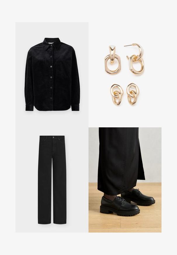 Black corduroy long-sleeve shirt with buttons down front, single chest pocket, and pointed collar on white background.; Black wide-leg jeans made of denim, featuring a button closure and five pockets. Smooth texture with a clean, minimalist design.; Black leather shoes with a rounded toe, thick rubber outsole, and laces. The design features decorative stitching along the upper.; Gold-toned earrings featuring a mix of geometric shapes: a square, circle, and linked oval designs with a polished finish.