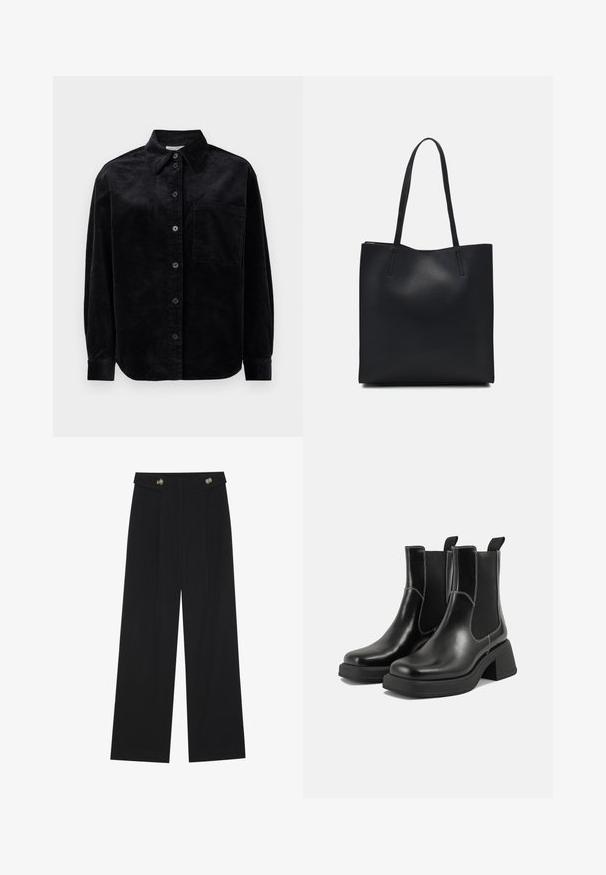 Camicia a maniche lunghe in corduroy nero con bottoni davanti, taschino sul petto e colletto a punta su sfondo bianco.; Pantaloni neri a gamba larga con vita alta, dettagli con bottoni in vita e pieghe frontali.; Stivali Chelsea in pelle nera con tacco spesso, pannelli elasticizzati sui lati e cuciture bianche a contrasto. Finitura testurizzata.; Borsa tote in pelle nera con texture liscia, forma rettangolare e due manici lunghi. Nessun hardware o decorazione visibile.