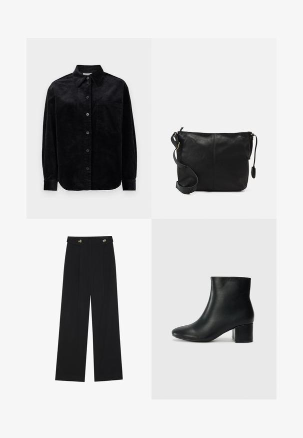 Black corduroy long-sleeve shirt with buttons down front, single chest pocket, and pointed collar on white background.; Black wide-leg trousers with high waist, button details on waistband, and front pleats.; Black leather ankle boots with a pointed toe and a chunky heel. Smooth texture with minimal accents and a sleek, fitted design.; Black leather crossbody bag with a flat shape, gold hardware accents, and an adjustable strap. Smooth texture with minimal stitching details.