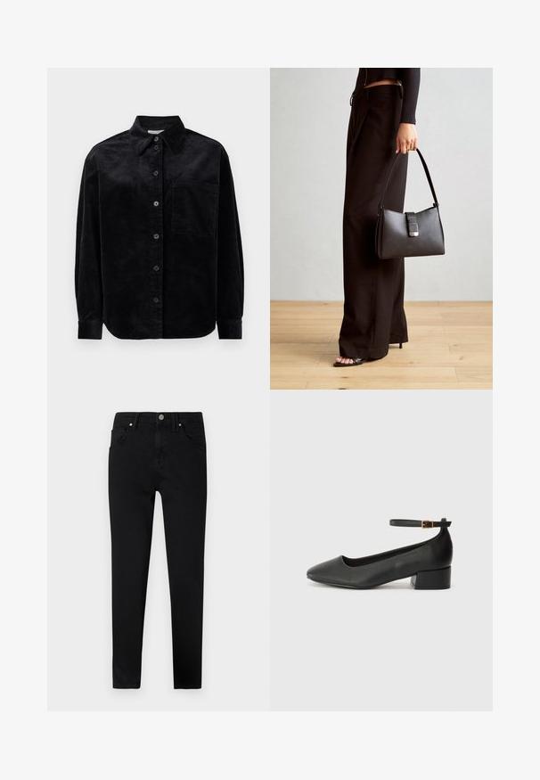 Juodas švelnus kanvas ilgomis rankovėmis marškinys su mygtukais priekyje, viena krūtinės kišenė ir smailus apykaklė ant baltos fono.; Juoda džinsinio audinio kelnės su siauromis kojomis, turinčios priekinius sagos užsegimus, diržo kilpeles ir klasikinį penkių kišenių dizainą. Lygus paviršius.; Juodas odinis aukštakulnis batelis su smailiu pirštu ir žemu bloku. Su kulkšnies dirželiu su auksinės spalvos sagtimi. Lygus paviršius.; Juodas rankinė struktūrizuota forma, lygi tekstūra ir metalinis užsegimas. Suporuota su plačiomis juodomis kelnėmis ir atvirais bateliais ant medinių grindų.