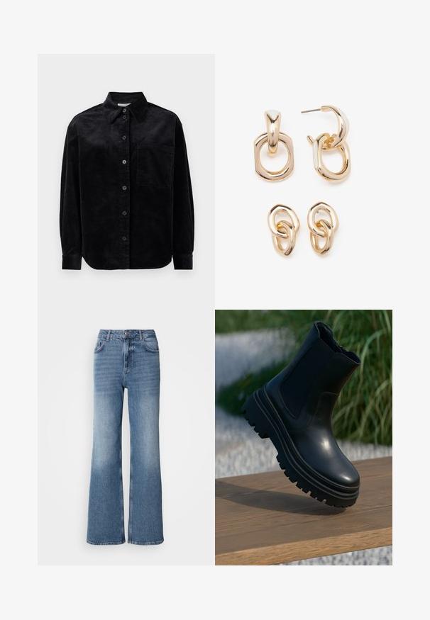 Čierna kordurová košeľa s dlhým rukávom, gombíkmi na prednej strane, jedným vreckom na hrudi a špicatým golierom na bielom pozadí.; Mos Mosh MAI - Džínsy s rovným strihom - blue wash; Čierna kožená členková obuv s hrubou podrážkou, elastickými bočnými panelmi a hladkým povrchom. Vysoký dizajn s kontrastným dezénom podrážky.; Náušnice vo zlatej farbe s kombináciou geometrických tvarov: štvorec, kruh a prepojené oválne dizajny s lesklým povrchom.