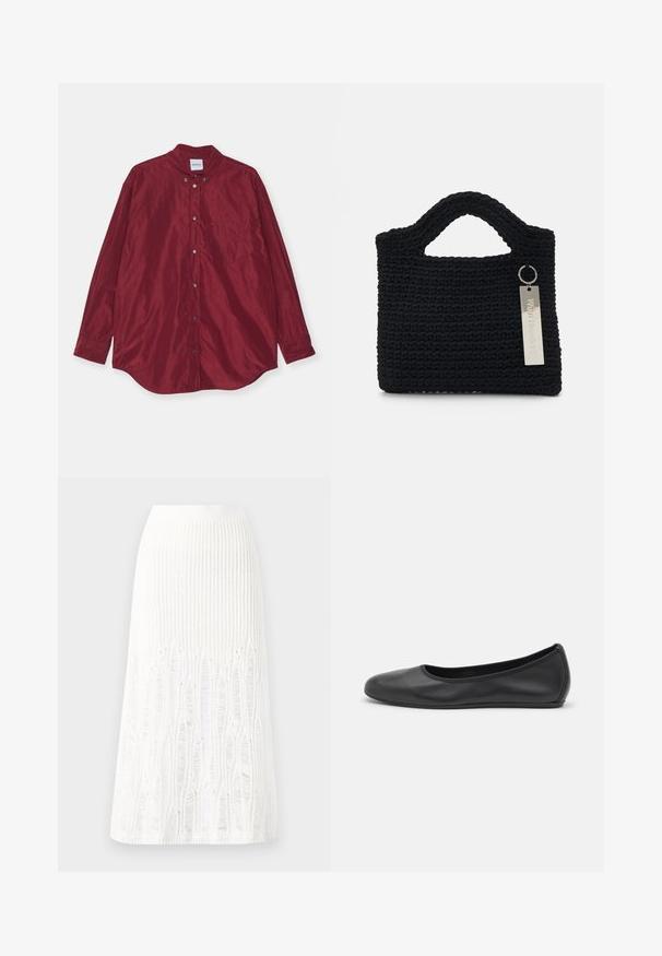 Burgunderfarget skjorte med lange ermer laget av glatt stoff. Den har krage med knapper, frontlomme og en subtil glans. Knapper i sølvfarge.; Strikket hvit midiskjørt med et teksturert mønster med vertikale linjer og utklippsdetaljer nær kanten. Elastisk midje. Mykt materiale.; Svart skinnballettflatt med rund tå, glatt tekstur, minimal sømdetalj, og et fleksibelt såledesign.; Won Hundred MARSIELLE COMPUTER BAG UNISEX - Dataveske - black