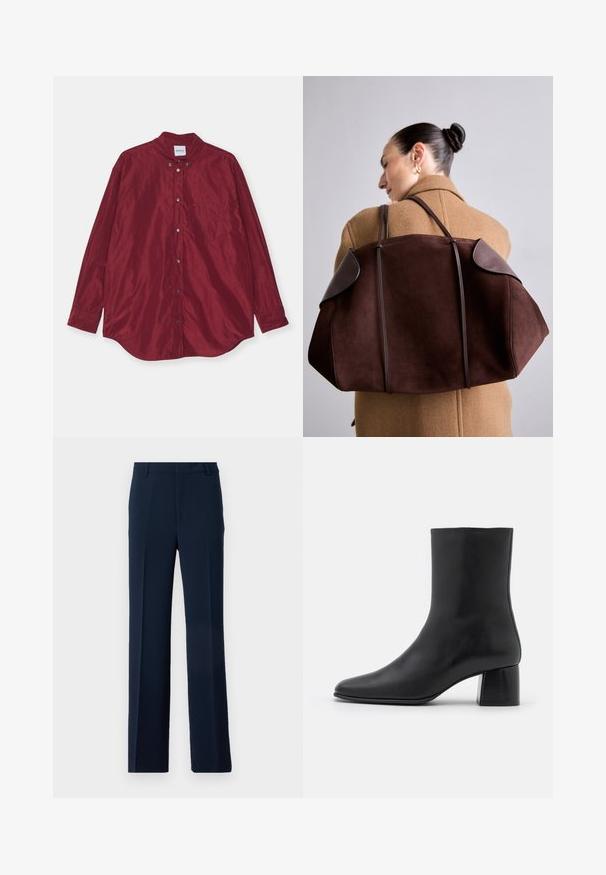 Bordo krāsas, garās piedurknes krekls, izgatavots no gludas auduma. Tam ir pogājams apkakles, priekšējā kabata un smalka spīduma. Pogas ir sudraba krāsā.; Tumši pelēks apgriezts džemperis ar augstu kaklu, izgatavots no teksturētas adītas materiāla, ar īsām piedurknēm un taisnu apakšmalu.; Tumši zilas bikses, izgatavotas no gludas auduma, ar taisnu kāju dizainu, priekšējiem krokiem un sānu kabatām, nodrošinot stilīgu izskatu.; Melnas ādas potīšu zābaki ar norādītu pirkstu un masīvu kvadrātveida papēdi. Gluda tekstūra ar bezšuvju dizainu un minimālistisku šuvēm.; Browns zamšādas rokassoma ar tumšām ādas detaļām, kas izceļas ar strukturētu formu un divām siksnām, turēta pār pleca pret krēmbaltiem mēteļiem.