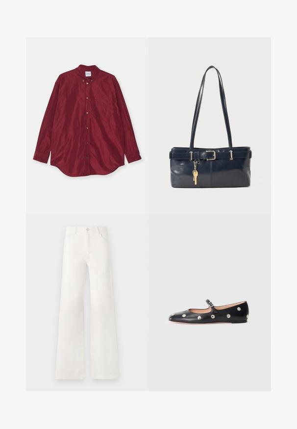 Bordeaux, tætsiddende skjorte med lange ærmer lavet af glat stof. Har en knap-down krave, brystlomme og en subtil glans. Knapperne er sølvfarvede.; Hvide, højtaljede bukser med bred ben lavet af denim. Har en knaplukning, to forlommer og sidesømme med syningsdetaljer.; Sorte læder Mary Jane flad sko med en rund tå, udstyret med sølvfarvede runde nitter og en justerbar rem med spænde.; Mørkeblå læderhåndtaske med to lange håndtag, en spænde detaljer og en nøglering vedhæftet. Den har en glat tekstur og en rektangulær form.