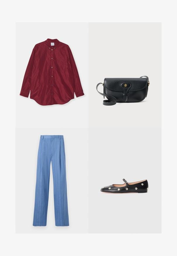 Camisa burdeos de manga larga hecha de una tela suave. Presenta un collar con botones, un bolsillo frontal y un brillo sutil. Los botones son de color plateado.; Pantalones de pierna ancha azul claro con rayas verticales blancas. Hechos de un material suave, con un pliegue frontal y un diseño de cinturilla limpia.; Zapato plano tipo Mary Jane de cuero negro con punta redonda, adornado con tachuelas circulares plateadas y una correa ajustable con hebilla.; Bolso cruzado de cuero negro con cierre de solapa y detalle de logo dorado. Presenta una correa larga y una textura suave.