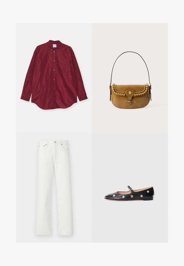 Camicia bordeaux a maniche lunghe realizzata in tessuto morbido. Dotata di un colletto a punta, tasca frontale e una leggera lucentezza. I bottoni sono di colore argento.; Jeans in denim bianco con taglio a gamba dritta, design a cinque tasche e accessori in metallo sulla cintura e sulle tasche.; Scarpa flat nera in pelle tipo Mary Jane con punta arrotondata, caratterizzata da borchie circolari argentate e una fascia regolabile con fibbia.; Borsa a mano in pelle marrone con una forma curva, dotata di dettagli in metallo dorato lungo la parte superiore, un manico corto e una chiusura a fibbia.