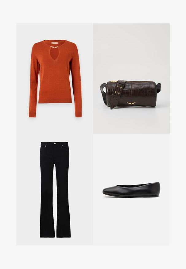 Pulover v rjavi barvi z dolgimi rokavi, zaobljenim izrezom z odprtino v obliki ključavnice ter rebrastimi manšetami in dnom. Mehka pletenina.; Črne zvonaste kavbojke iz denima, ki imajo dve sprednji žepi, gumbasto zapiranje in gladko teksturo. Oznaka zašite vidna na šivih.; Paul Smith TOPANGA - Balerinke - black; Brah blaženka iz rjavega usnja z embosiranim krokodilom, cilindrične oblike, zlatih kovinskih elementov in odstranljivim pasom, ki vsebuje žebljičke.