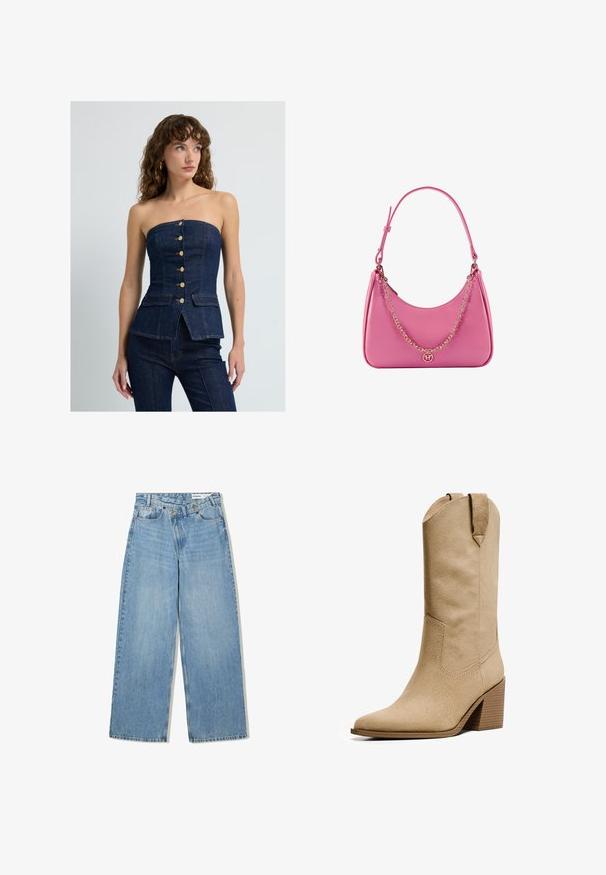Dunkelblaues Denim-Oberteil ohne Träger mit enger Silhouette, Vorderknöpfen und zwei aufgesetzten Taschen. Verfügt über einen Peplum-Saum und kontrastierende Nähte.; Hellblaue weite Jeans aus Denim, mit hoher Taille, fünf Taschen, Knopfverschluss und dezentem Verblassen für Textur.; Bershka HIGH-HEEL - Cowboy-/Bikerboot - beige; Rosa synthetische Schultertasche mit geschwungener Form, glatter Textur, abnehmbarem Kettenriemen und einem runden Logodetail auf der Vorderseite.