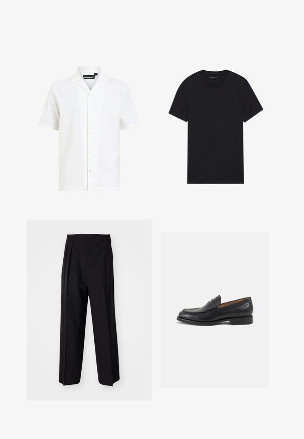 Witte korte mouwen shirt van zacht materiaal, met een ingesneden kraag, zes knopen aan de voorkant en een losse pasvorm.; Zwarte katoenen t-shirt met korte mouwen en een ronde hals. De stof heeft een gladde textuur en een eenvoudig, effen ontwerp.; Zwarte geplooide broeken met een rechte, brede pijpontwerp. Gemaakt van soepele stof, met een knoopsluiting en riemlussen.; Zwarte leren loafers met een gladde afwerking, ronde neus en decoratieve stiksels op de wreef. Lage gestapelde hak en een lichte glans.