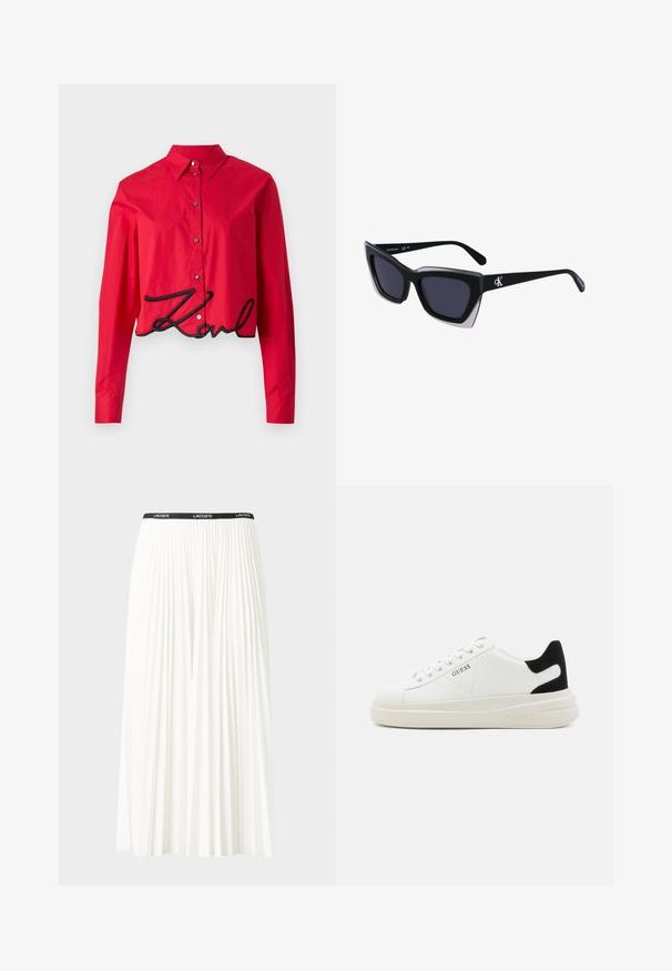 Camisa curta vermelha feita de material suave, com colarinho pontiagudo, mangas longas, "Karl" bordado em preto na barra e fecho de botão.; Saia plissada branca com uma cintura elástica preta que apresenta o logótipo "LACOSTE". Design de comprimento médio com textura suave.; Sapatilhas brancas de couro com uma sola branca espessa, detalhe em camurça preta no calcanhar e logótipo em relevo na lateral. Design com atacadores e seis ilhós.; Óculos de sol oversized pretos com forma geométrica, apresentando lentes escuras e um detalhe cinza em contraste na armação. Logotipo na haste.